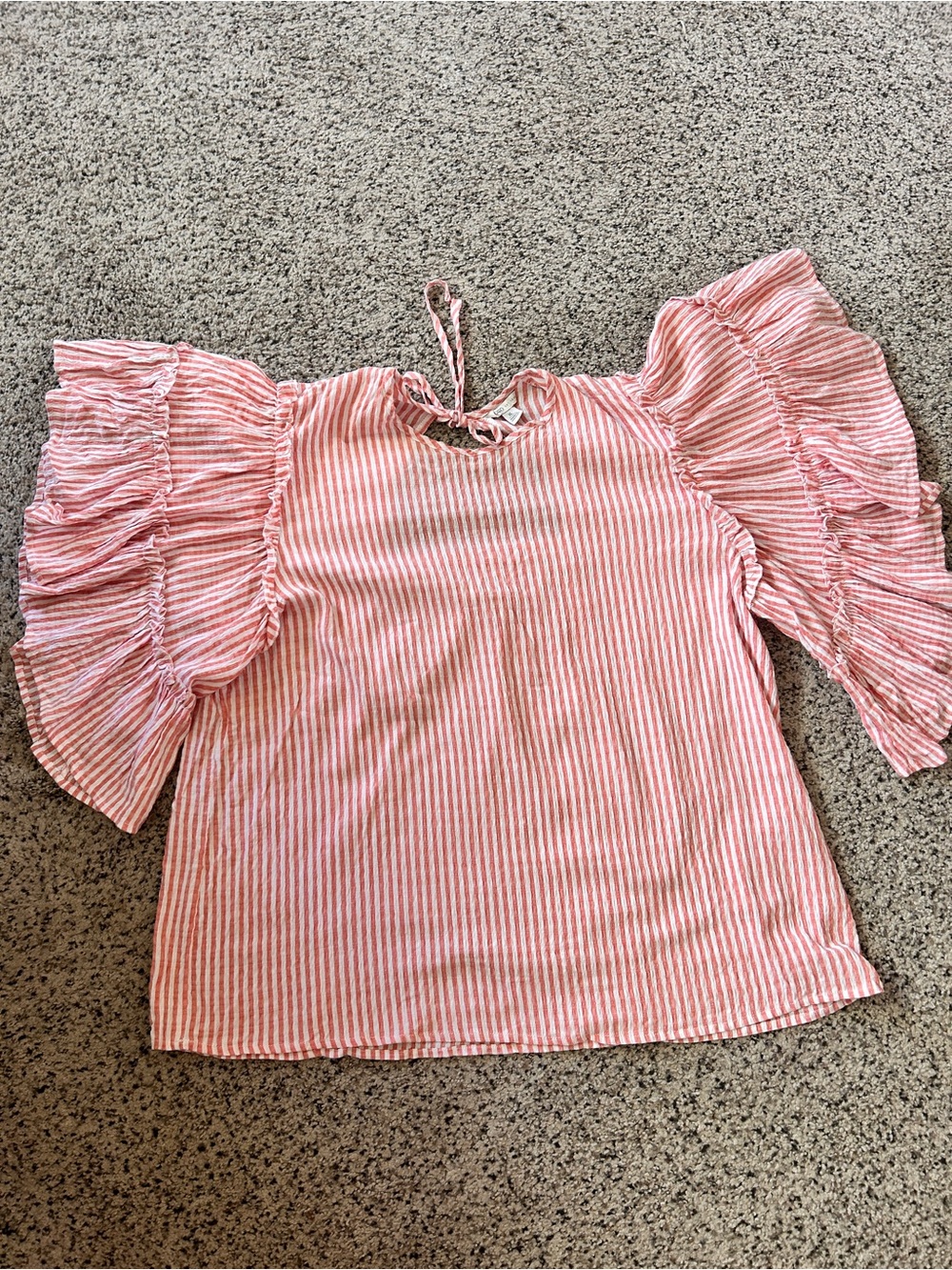 Pink Striped Ruffle-Sleeve Blouse with Tie-Back